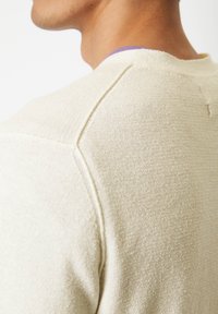 Sweter w kolorze kremowym, wykonany na drutach, z teksturowym wykończeniem, okrągłym dekoltem i kontrastowym fioletowym akcentem przy kołnierzyku.
