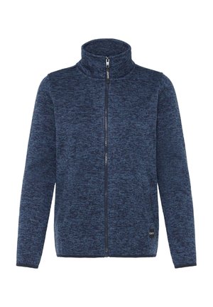 Mörkblå fleecetröja med full dragkedja, hög krage och subtilt strukturerat mönster, långa ärmar och en liten svart logotagg nära fållen.