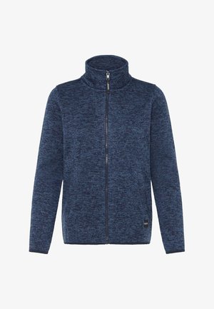 Tummansininen täyspitkä fleece-takki, jossa on korkea kaulus ja hienovarainen teksturoitu kuvio, pitkät hihat ja pieni musta logotarra helman lähellä.
