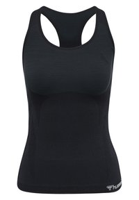 Schwarzes sportliches Tanktop mit Racerback-Design, ausgestattet mit atmungsaktiven Mesh-Einsätzen und einer figurbetonten Silhouette, gefertigt aus dehnbarem Material.