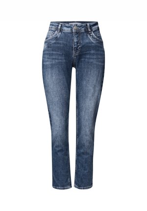 Dark blue denim jeans with a straight cut, mid-rise waist, five pockets, and subtle fading on the legs. Metal button closure at the front.