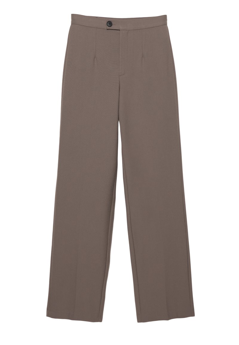 Bruine wijde broek met een zachte textuur, met voorplooien, een knoopsluiting en een getailleerd ontwerp.