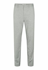 Light gray trousers made of soft fabric with a slim fit, featuring a button closure, belt loops, and side pockets.