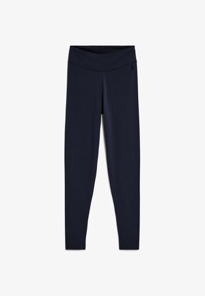 Navy blue leggings with a wide, flat waistband and a smooth texture. Features a minimalist design with no visible patterns or accents.