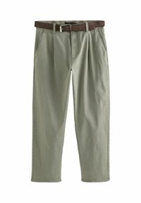 Hellgrüne Baumwollhose mit lockerer Passform, ausgestattet mit einem braunen Ledergürtel und Fronttaschen. Strukturiertes Gewebe mit glatter Oberfläche.