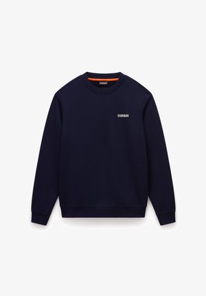 Mørkeblå sweatshirt lavet af blødt stof, med rund halsudskæring, lange ærmer og et lille logo på venstre bryst.