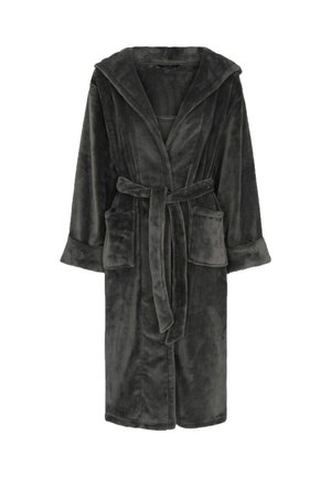 Accappatoio in panno grigio scuro con colletto a scialle, maniche lunghe, vita con cintura e due tasche frontali. Texture morbida con una finitura liscia.