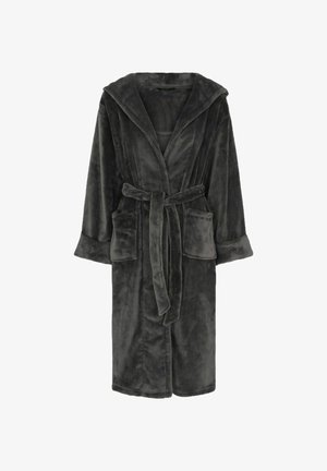 Accappatoio in panno grigio scuro con colletto a scialle, maniche lunghe, vita con cintura e due tasche frontali. Texture morbida con una finitura liscia.