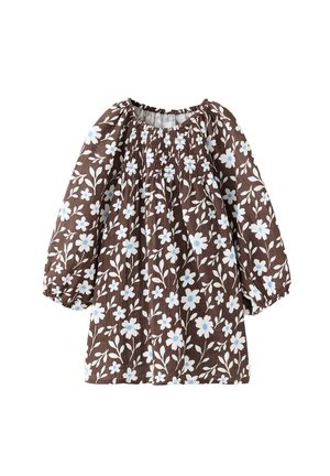 Robe marron à manches longues avec encolure et poignets élastiques, décorée d'un motif floral blanc et bleu clair, adaptée pour un enfant.