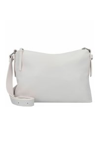 Hellgraue Leder-Crossbody-Tasche mit glatter Textur, verstellbarem Riemen und Reißverschluss. Schlichtes Design ohne sichtbare Muster oder Akzente.