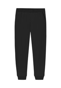 Zwarte joggingsbroek van zacht materiaal, voorzien van een elastische tailleband, zijzakken en taps toelopende boorden bij de enkels.