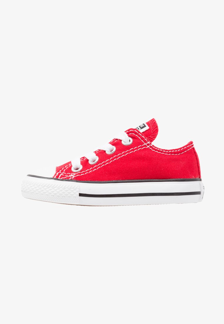 Red canvas low-top sneaker with white laces, rubber toe cap, and black-striped sole. Features white stitching and a padded collar.