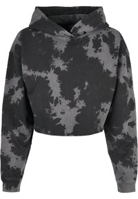 Fekete és szürke batikolt mintás cropped kapucnis hoodie. Puha pamut anyag, kapucnival és hosszú ujjakkal, rugalmas mandzsettákkal.