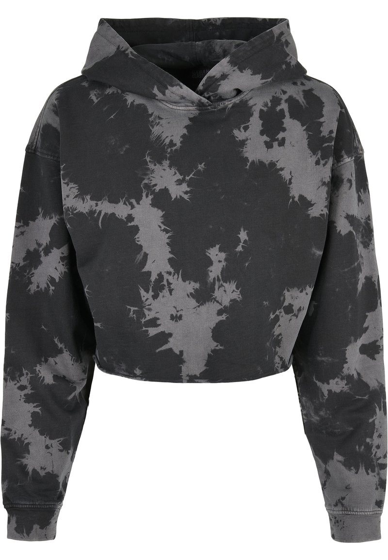 Fekete és szürke batikolt mintás cropped kapucnis hoodie. Puha pamut anyag, kapucnival és hosszú ujjakkal, rugalmas mandzsettákkal.