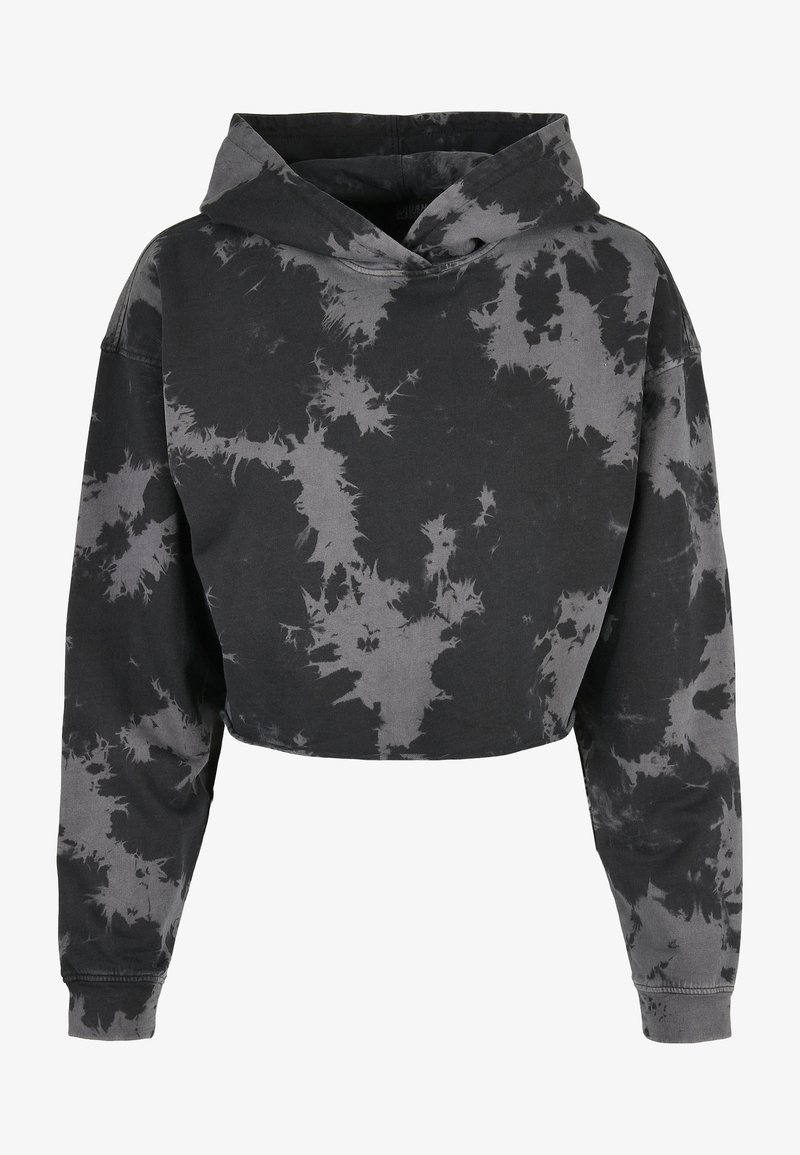 Kapat hoodie i svart och grått tie-dye mönster. Mjukt bomullsmaterial med huva och långa ärmar, med elastiska muddar.