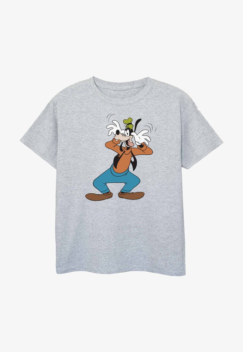 Šedé bavlněné tričko s potiskem kreslené postavičky s černým nosem, oranžovým trikem, modrými kalhotami a zelenou čepicí, s rukama na obličeji.