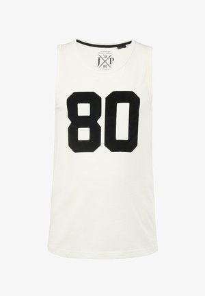 Witte tanktop van katoen, met een grote zwarte "80" op de voorkant. Ronde halslijn en geen mouwen. Eenvoudig, strak ontwerp.
