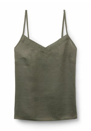 Olivenfarbener, leichter Tank-Top mit V-Ausschnitt und dünnen, verstellbaren Trägern. Sanfte Textur mit subtiler Beschichtung und minimalen Nähdetails.