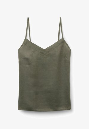 Olijfgroen, lichtgewicht tanktop met een V-hals en dunne verstelbare schouderbanden. Glad textuur met een subtiele glans en minimale stikdetails.