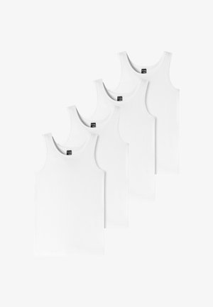 Four white cotton tank tops laid flat, featuring round necklines and wide shoulder straps, with brand labels visible at the neck.