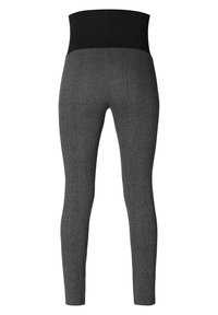 Svarta högmidjade leggings med grå rutig mönster, med en slät textur och figurnära design. Inga synliga detaljer eller accenter.