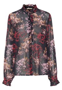 Blusa floreale in tessuto leggero e trasparente con sfondo nero decorato da fiori rossi, rosa e dorati; colletto e polsini arricciati, chiusura anteriore con bottoni.