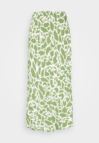 Falda verde con un diseño de flores blancas, con una textura suave y una silueta recta. Diseñada con una cinturilla elástica.