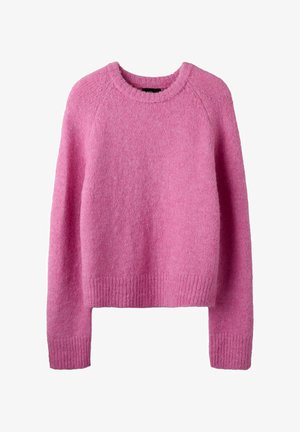 Weicher, langärmliger pinker Strickpullover mit gerippten Bündchen, Saum und Rundhalsausschnitt, entworfen für Wärme und legere Trageweise.