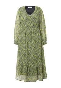 Abito maxi floreale verde con scollatura a V e lunghe maniche gatherate. Presenta un orlo a strati e un tessuto testurizzato con motivi floreali gialli.