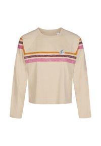 Beige long-sleeve crop top with round neck, featuring horizontal pink, brown, and orange stripes across chest and upper arms, and a small round logo.