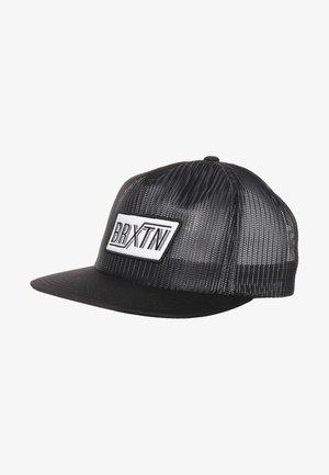 Sort mesh trucker kasket med flad skygge og hvidt rektangulært patch foran med "BRXTN" logo i sorte bogstaver.