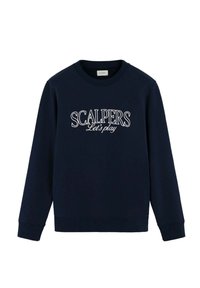 Sudadera de color navy en mezcla de algodón, con cuello redondo, mangas largas y un diseño bordado en blanco que dice "SCALPERS Let's play" en la parte delantera.