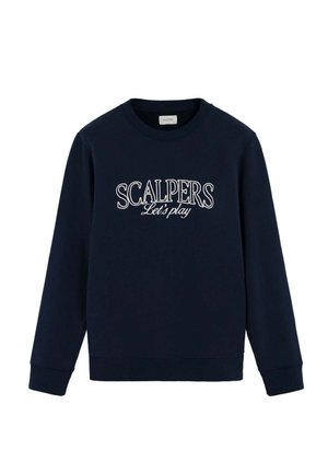 Sweatshirt marine en mélange de coton, présente un col rond, des manches longues, et un design brodé blanc "SCALPERS Let's play" à l'avant.