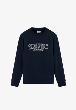 Sudadera de color navy en mezcla de algodón, con cuello redondo, mangas largas y un diseño bordado en blanco que dice "SCALPERS Let's play" en la parte delantera.