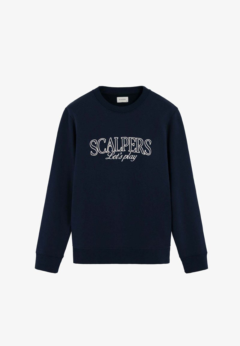 Marine sweatshirt van een katoenmix, met een ronde hals, lange mouwen en een witte geborduurde "SCALPERS Let's play"-ontwerp aan de voorkant.