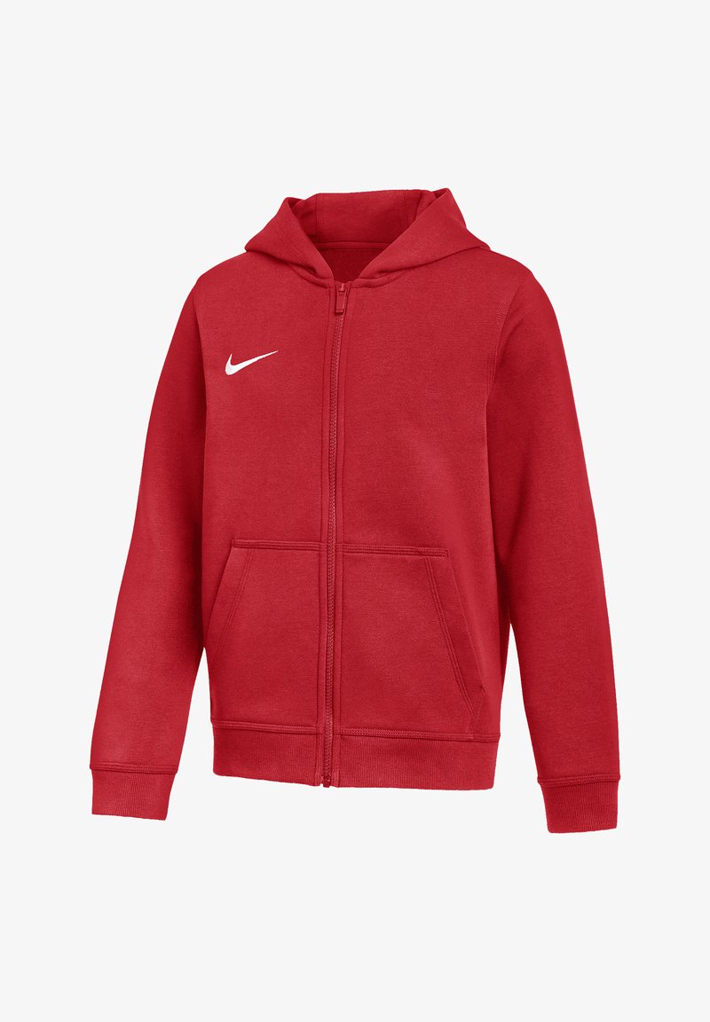 Sweat à capuche rouge à fermeture éclair complète avec poches avant, manches longues, capuche et logo Nike Swoosh blanc sur la poitrine gauche.