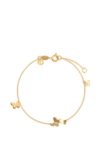 Złota bransoletka w kształcie motyla z pięcioma wyciętymi charmami w kształcie motyli, o designie łańcuszka i z zapięciem typu lobster, zapewniającym bezpieczne zapięcie.
