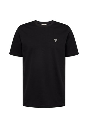 Camiseta negra de manga corta con cuello redondo y pequeño logo triangular blanco en el lado izquierdo del pecho.