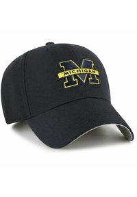 Gorra de béisbol negra con visera curva, con un logo bordado "MICHIGAN" en amarillo y azul. Tejido de algodón con acabado texturizado.