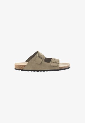Sandalias de corcho con dos correas ajustables, hechas de ante verde oliva, con una plantilla beige y una suela de goma negra texturizada.