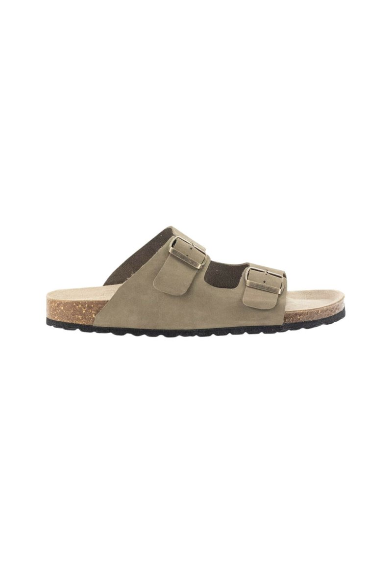 Sandalias de corcho con dos correas ajustables, hechas de ante verde oliva, con una plantilla beige y una suela de goma negra texturizada.