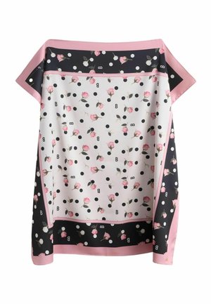 Jedwabny szal z różowymi pąkami róż i czarnymi kropkami na białym środku, obramowany czarnym kolorem z białymi kropkami, różowymi krawędziami i rozrzuconymi literami "B".