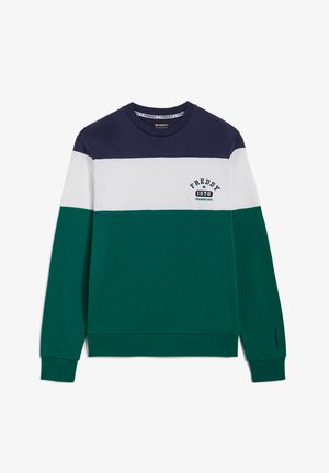 Felpa color block verde, blu navy e bianca con polsini e orlo a coste. Presenta il logo "FREDDY 1976" sul petto, in morbido tessuto.