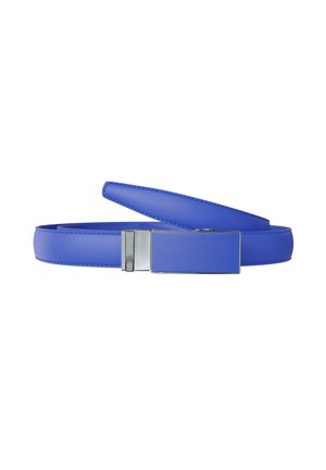Blue leather belt with sleek rectangular silver buckle, coiled with one end resting on top, set against white background.