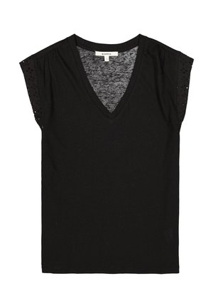 Zwart V-hals T-shirt van zacht stof, met korte mouwen met gestructureerde accenten en een comfortabele, losse pasvorm.