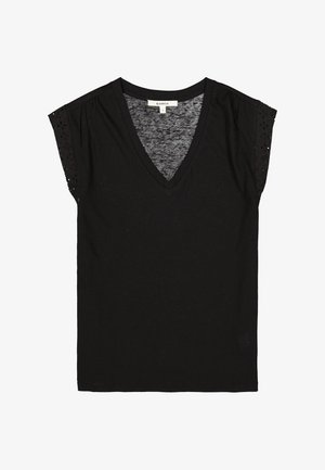 Zwart V-hals T-shirt van zacht stof, met korte mouwen met gestructureerde accenten en een comfortabele, losse pasvorm.