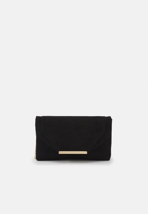 Black suede clutch purse with a gold metallic bar accent. Features a fold-over flap and chain strap. Smooth texture, rectangular shape.