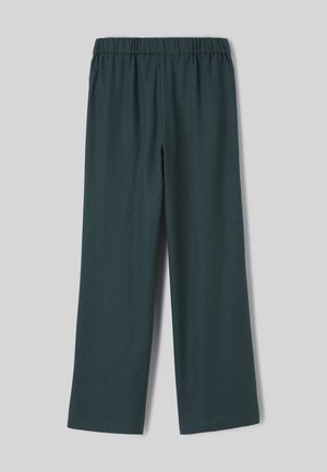 Pantalon large bleu sarcelle foncé avec une ceinture élastique, un devant plat et sans poches ni décorations visibles.