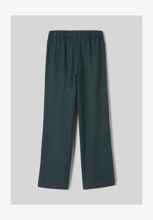 Pantalon large bleu sarcelle foncé avec une ceinture élastique, un devant plat et sans poches ni décorations visibles.