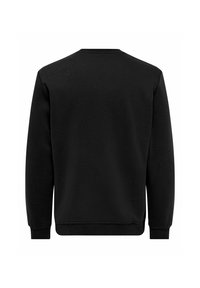 Zwarte sweatshirt met lange mouwen, een ronde halslijn en ribgebreide manchetten. De stof lijkt zacht met een gladde textuur.